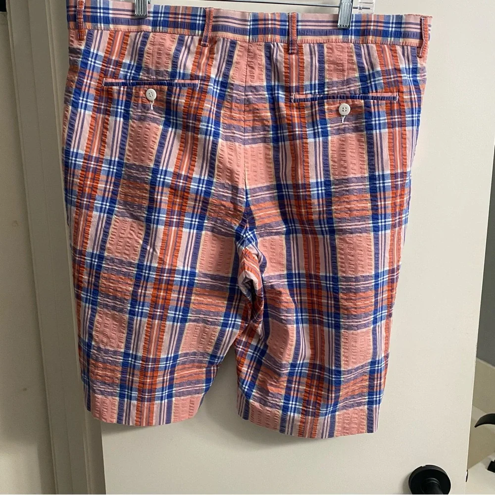 Linea Uomo Men’s Plaid Seersucker‎ Shorts Size 38 Coral and Blue